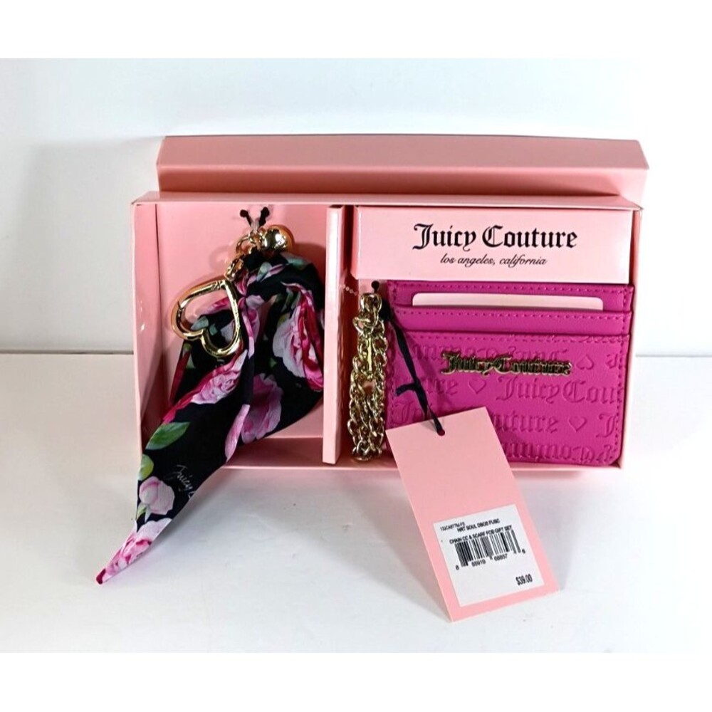 NWT Juicy Couture Hot Pink Card Wallet Key Chain & Scarf Gift Set Open Box - Picture 6 of 16